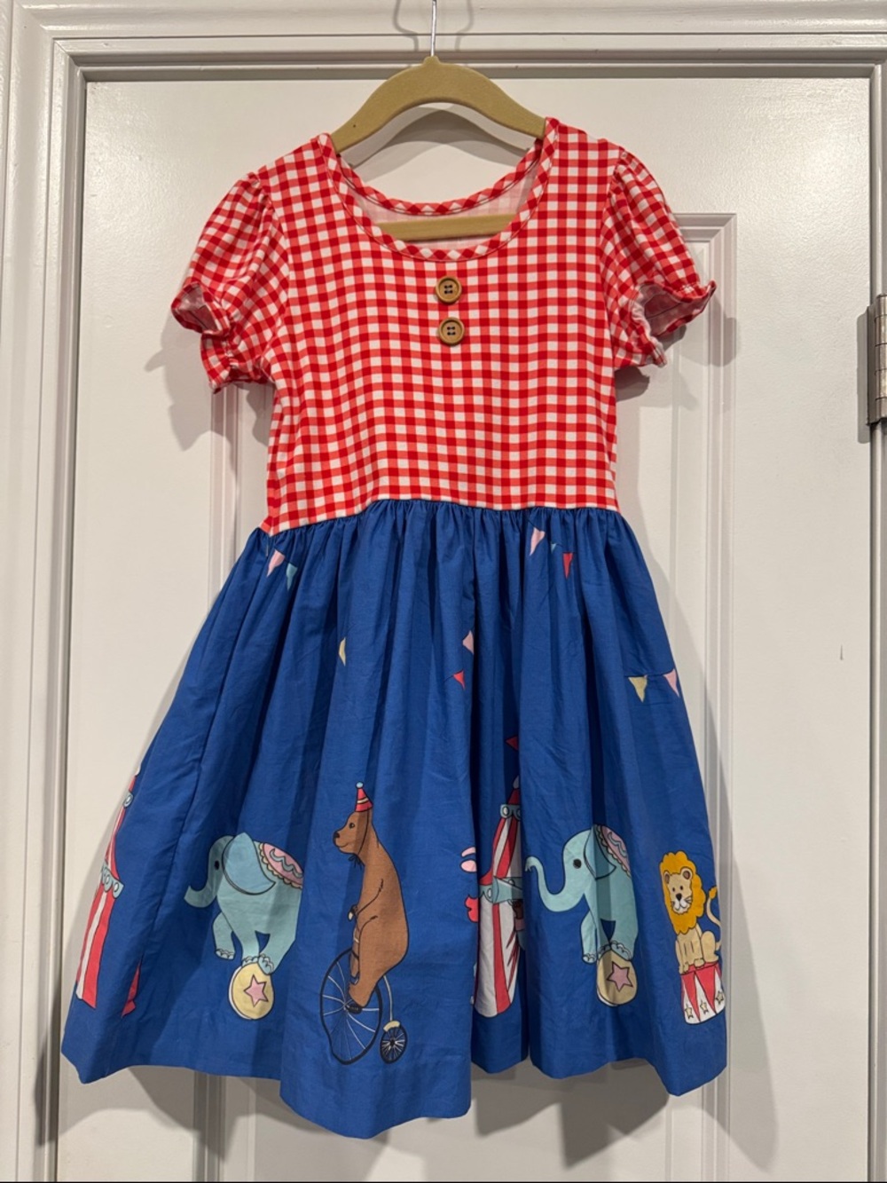 Eleanor Rose Red Gingham Top Blue Circus Skirt Girls Dress, size 6-7